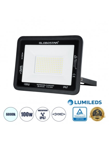 GLOBOSTAR® ATLAS 61425 Προβολέας LED 100W 12500lm 120° AC 220-240V Αδιάβροχο IP67 Ψυχρό Λευκό 6000K - Lumileds SMD Chip - TÜV Rheinland Certified - Μαύρο Ματ - Μ27 x Π4 x Υ21cm - 5 Χρόνια Εγγύηση