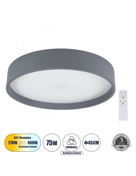 GLOBOSTAR® NARNIA 61258 Μοντέρνο Φωτιστικό Οροφής LED 75W 8625lm 120° AC 220-240V IP20 Ρυθμιζόμενο Λευκό CCT με Χειριστήριο από 2700K έως 6000K Dimmable - Lumileds SMD Chip - Γκρι Ανθρακί Ματ - Μ45 x Π45 x Υ8cm - 3 Χρόνια Εγγύηση