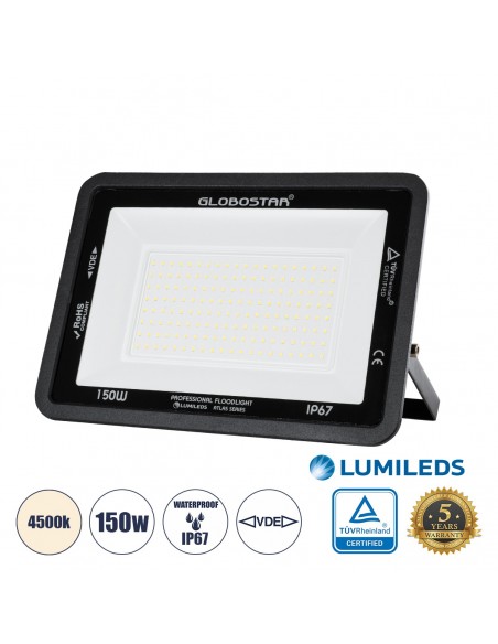 GLOBOSTAR® ATLAS 61429 Προβολέας LED 150W 18000lm 120° AC 220-240V Αδιάβροχο IP67 Φυσικό Λευκό Ματ 4500K - Lumileds SMD Chip - TÜV Rheinland Certified - Μαύρο Ματ - Μ32 x Π4 x Υ23cm - 5 Χρόνια Εγγύηση