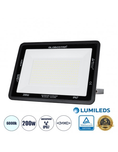 GLOBOSTAR® ATLAS 61431 Προβολέας LED 200W 25000lm 120° AC 220-240V Αδιάβροχο IP67 Ψυχρό Λευκό 6000K - Lumileds SMD Chip - TÜV Rheinland Certified - Μαύρο Ματ - Μ38 x Π4 x Υ28cm - 5 Χρόνια Εγγύηση