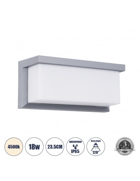 GLOBOSTAR® CITYSCAPE 60698 Μοντέρνο Φωτιστικό Τοίχου - Απλίκα LED 18W 1890lm 120° AC 220-240V Αδιάβροχο IP65 Φυσικό Λευκό 4500K - Bridgelux SMD Chip - Γκρι Ματ - Μ23.5 x Π11 x Υ10cm - 3 Χρόνια Εγγύηση