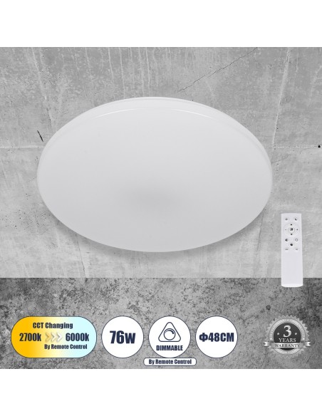 GLOBOSTAR® AVA 61017 Μοντέρνο Φωτιστικό Οροφής LED 76W 7600lm 120° AC 220-240V IP20 Ρυθμιζόμενο Λευκό CCT με Χειριστήριο από 2700K έως 6000K Dimmable - Lumileds SMD Chip - Λευκό Ματ - Μ48 x Π48 x Υ6.5cm - 3 Χρόνια Εγγύηση