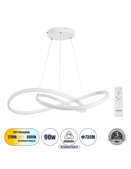 GLOBOSTAR® DEXTER 60914 Μοντέρνο Κρεμαστό Φωτιστικό Οροφής LED 90W 10080lm 300° AC 220-240V IP20 Ρυθμιζόμενο Λευκό CCT με Χειριστήριο από 2700K έως 6000K Dimmable - Lumileds SMD Chip - Λευκό Ματ - Μ73 x Π73 x Υ16cm - 3 Χρόνια Εγγύηση