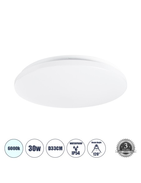 GLOBOSTAR® CELANO 61008 Φωτιστικό Πλαφονιέρα Οροφής LED 30W 3000lm 120° AC 220-240V Αδιάβροχο IP54 Ψυχρό Λευκό 6000K - Lumileds SMD Chip - Λευκό Γαλακτερό - Μ33 x Π33 x Υ6cm - 3 Χρόνια Εγγύηση