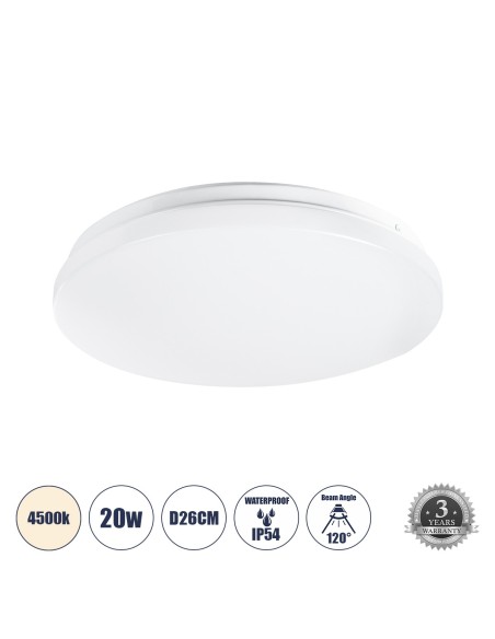 GLOBOSTAR® CELANO 61006 Φωτιστικό Πλαφονιέρα Οροφής LED 20W 1900lm 120° AC 220-240V Αδιάβροχο IP54 Φυσικό Λευκό 4500K - Lumileds SMD Chip - Λευκό Γαλακτερό - Μ26 x Π26 x Υ6cm - 3 Χρόνια Εγγύηση