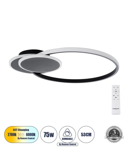 GLOBOSTAR® CIRCUO 61229 Μοντέρνο Φωτιστικό Οροφής LED 75W 8400lm 360° AC 220-240V IP20 Ρυθμιζόμενο Λευκό CCT με Χειριστήριο από 2700K έως 6000K Dimmable - Lumileds SMD Chip - Μαύρο Ματ - Μ53 x Π42.5 x Υ9cm - 3 Χρόνια Εγγύηση