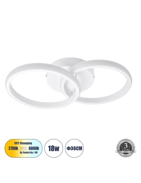 GLOBOSTAR® CORA 61059 Μοντέρνο Φωτιστικό Οροφής LED 18W 2160lm 300° AC 220-240V IP20 Ρυθμιζόμενο Λευκό CCT με On/Off 2700K/4500K/6000K - Lumileds SMD Chip - Λευκό Ματ - Μ36 x Π20.5 x Υ7cm - 3 Χρόνια Εγγύηση