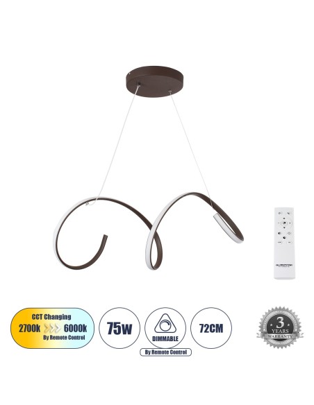 GLOBOSTAR® SPIRALE 61287 Μοντέρνο Κρεμαστό Φωτιστικό Οροφής LED 75W 8400lm 300° AC 220-240V IP20 Ρυθμιζόμενο Λευκό CCT με Χειριστήριο από 2700K έως 6000K Dimmable - Lumileds SMD Chip - Καφέ Ματ - Μ72 x Π25 x Υ30cm - 3 Χρόνια Εγγύηση