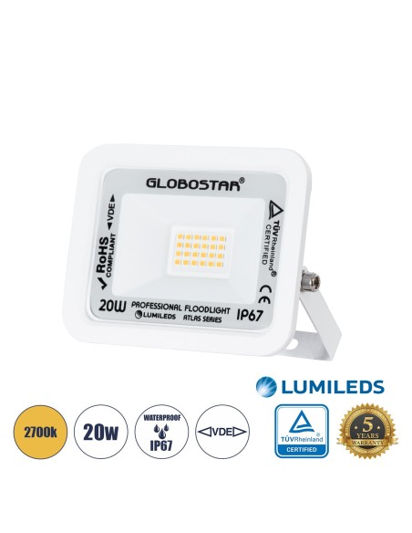 GLOBOSTAR® ATLAS 61409 Προβολέας LED 20W 2300lm 120° AC 220-240V Αδιάβροχο IP67 Θερμό Λευκό 2700K - Lumileds SMD Chip - TÜV Rheinland Certified - Λευκό Ματ - Μ12 x Π2.5 x Υ9.5cm - 5 Χρόνια Εγγύηση