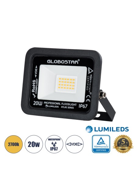 GLOBOSTAR® ATLAS 61412 Προβολέας LED 20W 2300lm 120° AC 220-240V Αδιάβροχο IP67 Θερμό Λευκό Ματ 2700K - Lumileds SMD Chip - TÜV Rheinland Certified - Μαύρο Ματ - Μ12 x Π2.5 x Υ9.5cm - 5 Χρόνια Εγγύηση