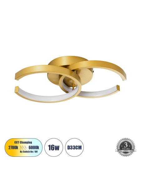 GLOBOSTAR® EVA 61069 Μοντέρνο Φωτιστικό Οροφής LED 16W 1920lm 300° AC 220-240V IP20 Ρυθμιζόμενο Λευκό CCT με On/Off 2700K/4500K/6000K - Lumileds SMD Chip - Χρυσό Βούρτσας - Μ33 x Π21 x Υ7cm - 3 Χρόνια Εγγύηση