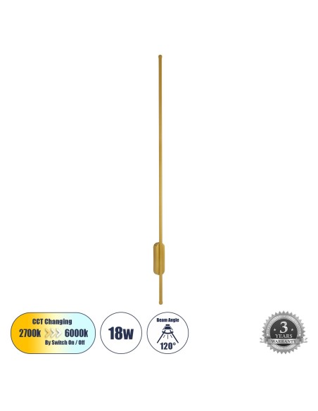 GLOBOSTAR® HARLEM 61336 Μοντέρνο Φωτιστικό Τοίχου - Απλίκα LED 18W 2160lm 120° AC 220-240V IP20 Ρυθμιζόμενο Λευκό CCT με On/Off 2700K/4500K/6000K - Lumileds SMD Chip - Χρυσό Βούρτσας - Μ5 x Π4 x Υ120cm - 3 Χρόνια Εγγύηση
