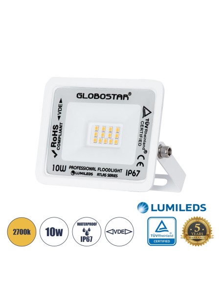 GLOBOSTAR® ATLAS 61406 Προβολέας LED 10W 1150lm 120° AC 220-240V Αδιάβροχο IP67 Θερμό Λευκό 2700K - Lumileds SMD Chip - TÜV Rheinland Certified - Λευκό Ματ - Μ10 x Π2 x Υ8cm - 5 Χρόνια Εγγύηση